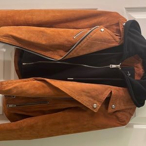 Beautiful brown suede and black hoodie double zip jacket